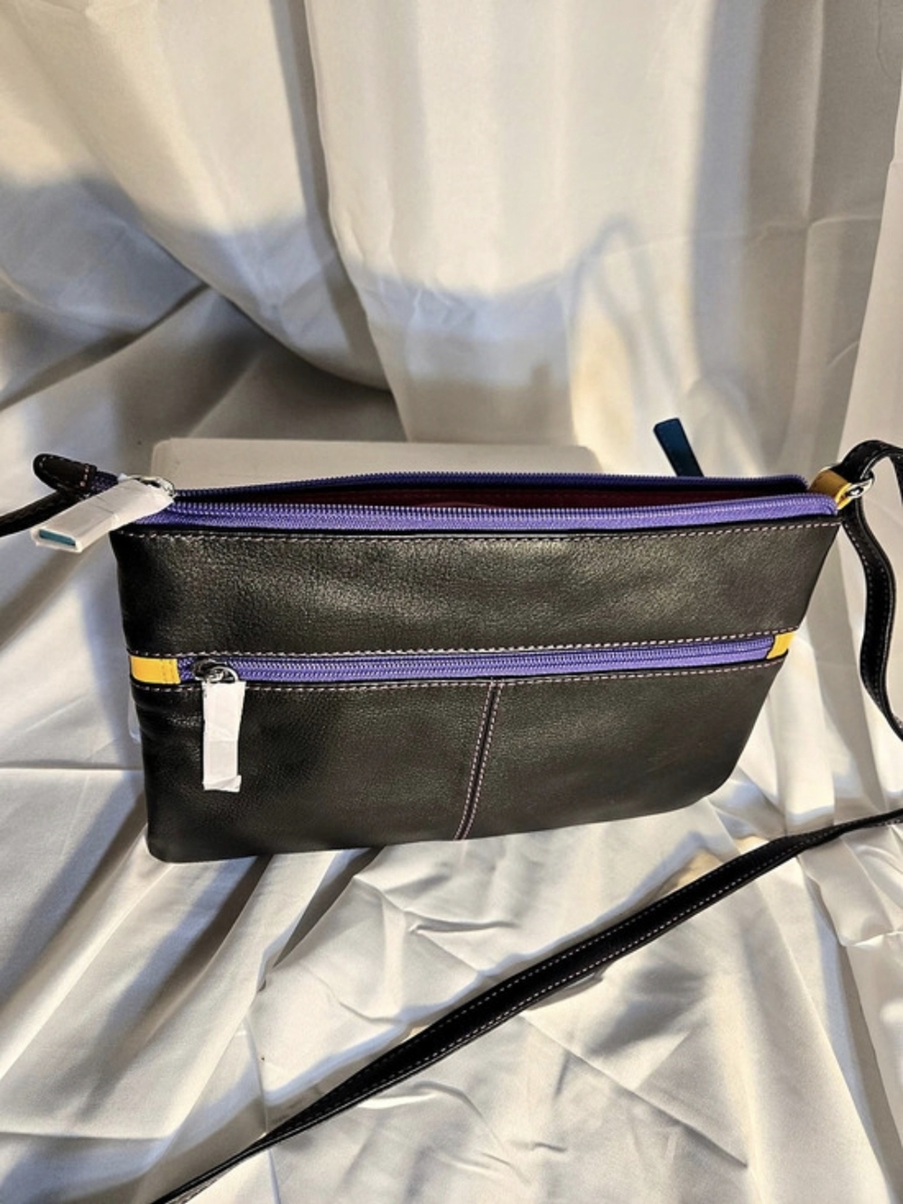 ILI New York Leather Color Block Triple Zip Crossbody Black & Pink Crossbody Bag